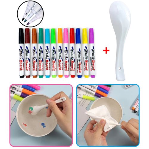 Set of whiteboard markers with a spoon and cleaning cloth on a white background