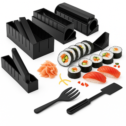 Sushi-making kit with black molds, sushi rolls, and ingredients on a white background
