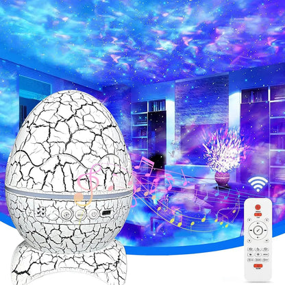 Egg-shaped light projector with cracked texture, remote control, and music notes in a room setting.