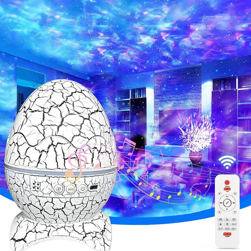 Egg-shaped light projector with cracked texture, remote control, and music notes in a room setting.