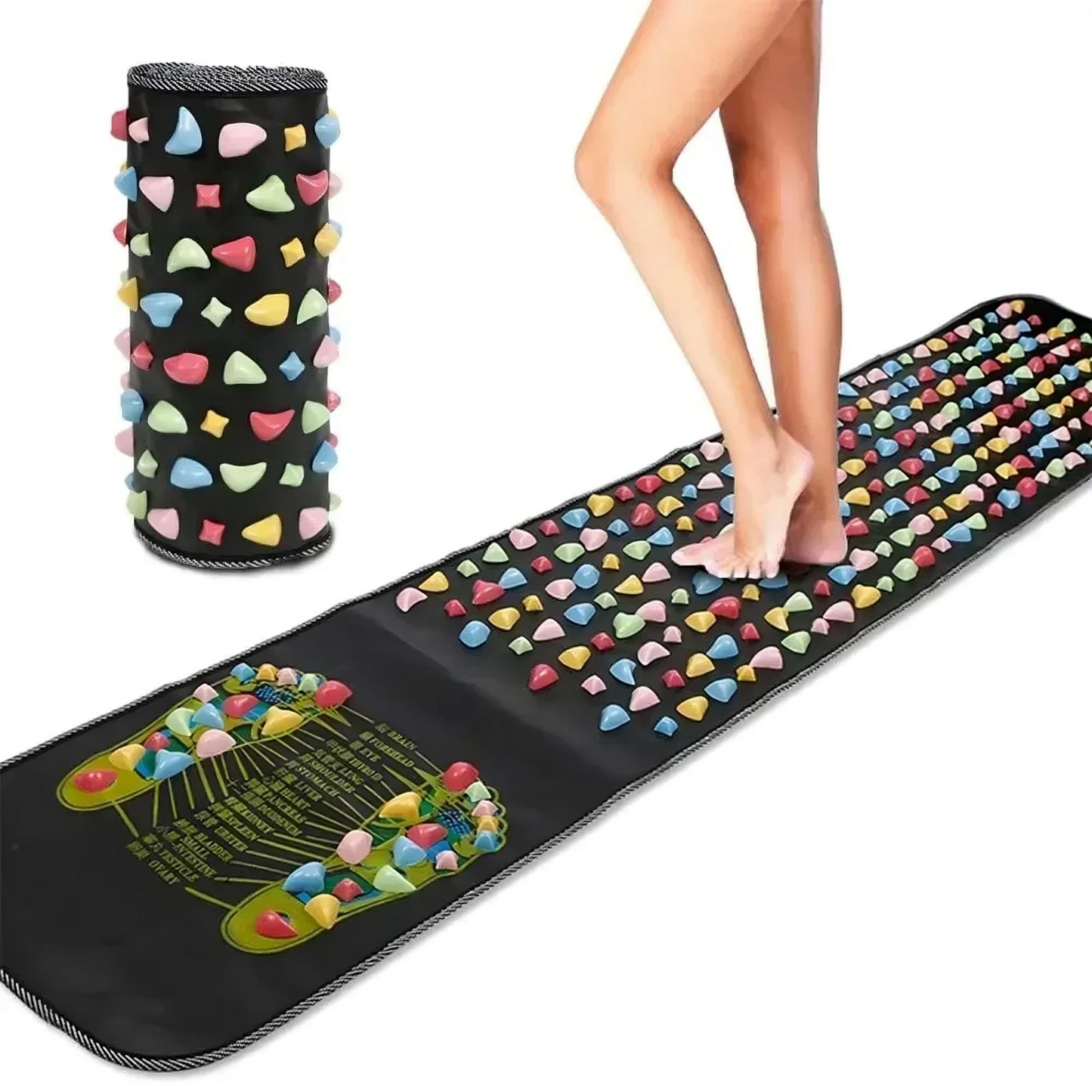 Acupressure mat with colorful acupressure points and a cylindrical roller on a white background.
