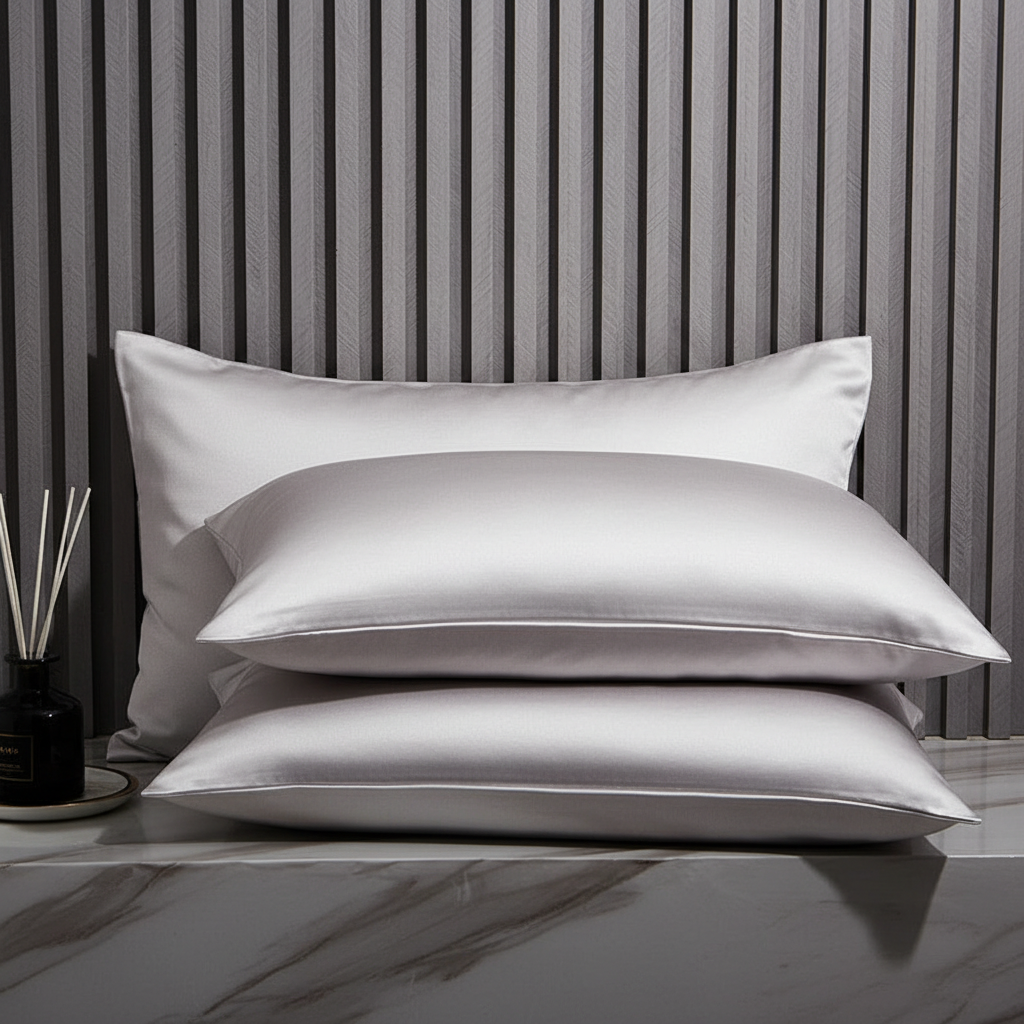 Three satin pillows on a marble surface with a striped wall in the background