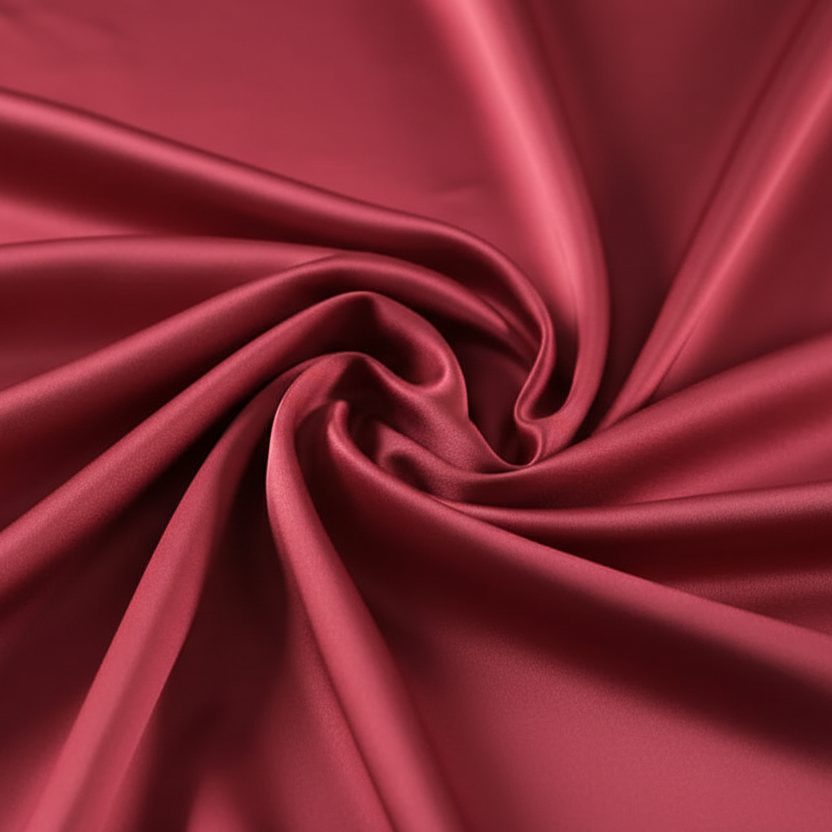 Close-up of Wine Red satin fabric with folds