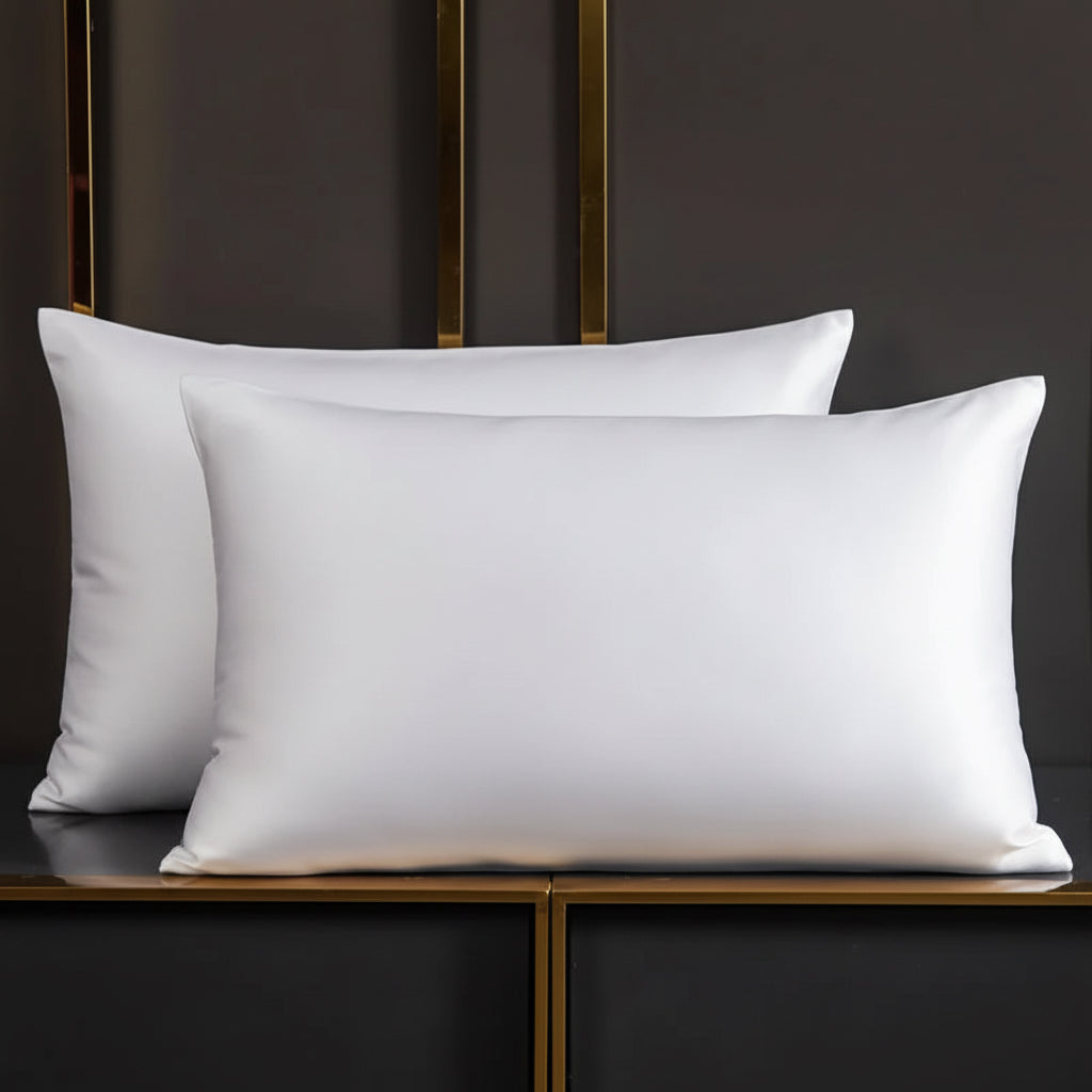 White pillows on a dark wooden shelf.