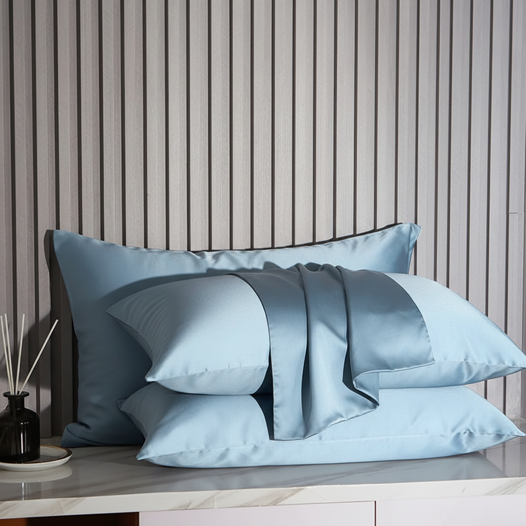 Light blue bedding set on a bed with a striped wall in the background