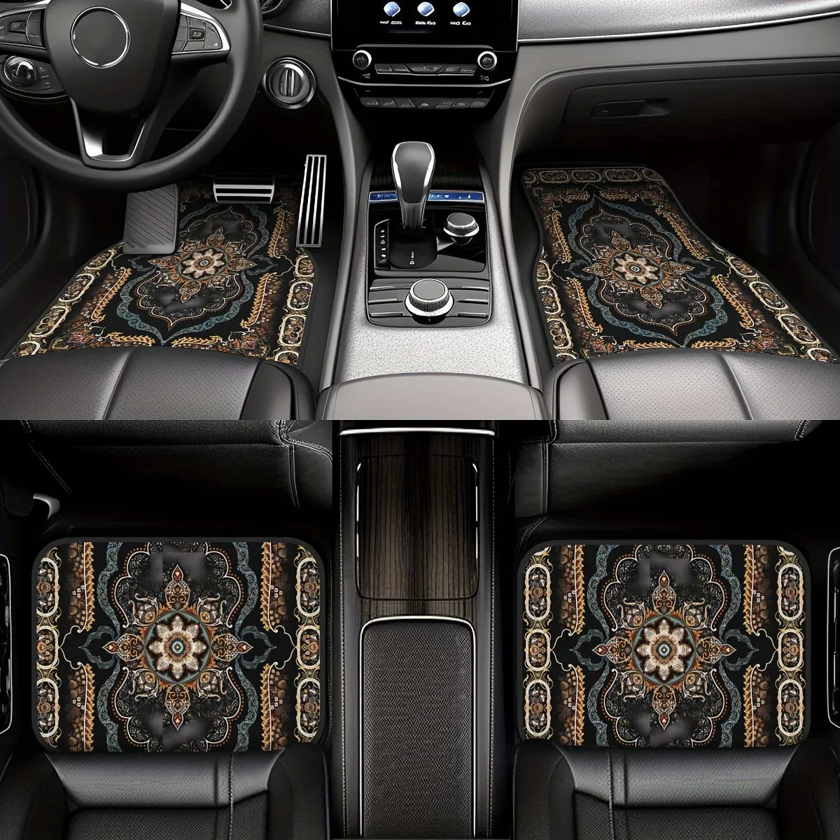 Car interior with decorative floor mats featuring intricate patterns.