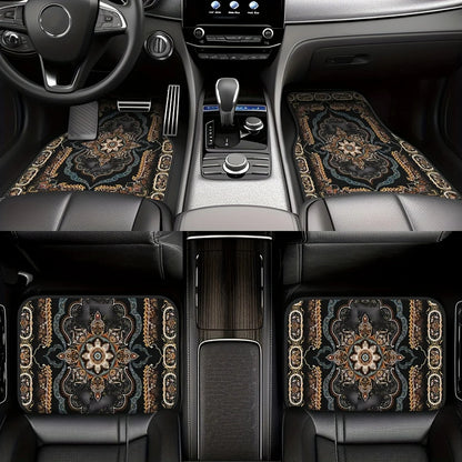 Car interior with decorative floor mats featuring intricate patterns.
