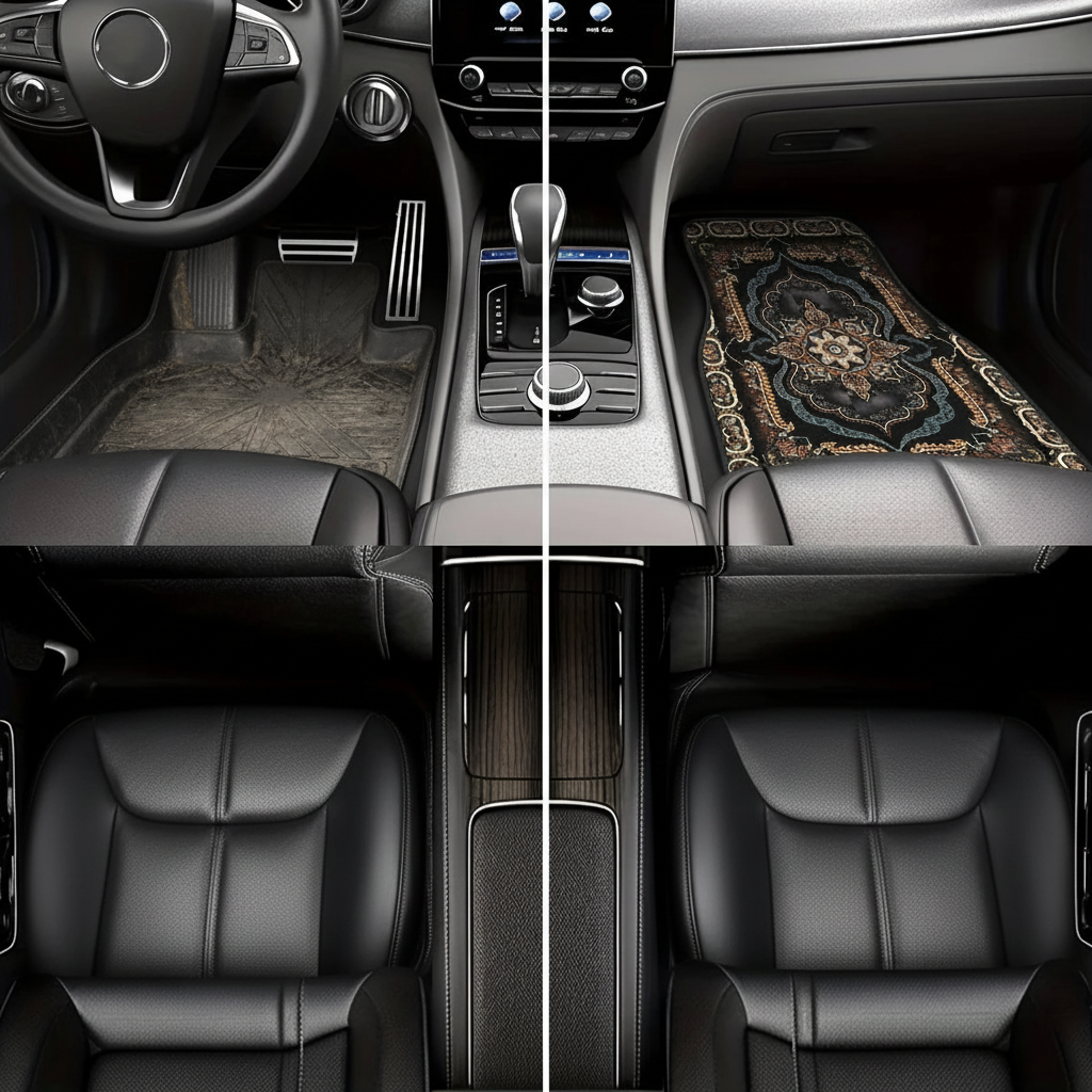 Car interior with a focus on the dashboard, center console, and floor mats.