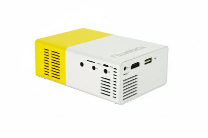 FlixeMatix Video Projector, white with yellow side on a white background