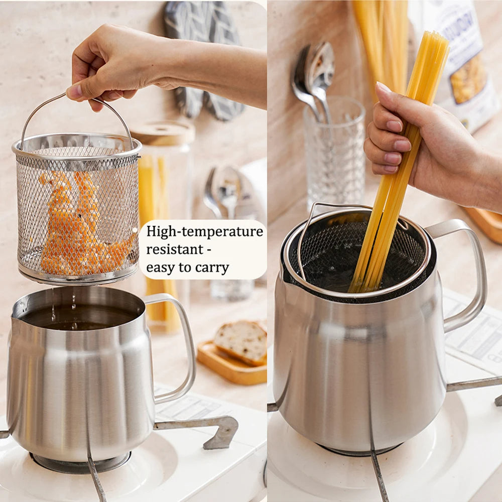 Metal kitchen strainer with handle being used to cook pasta.