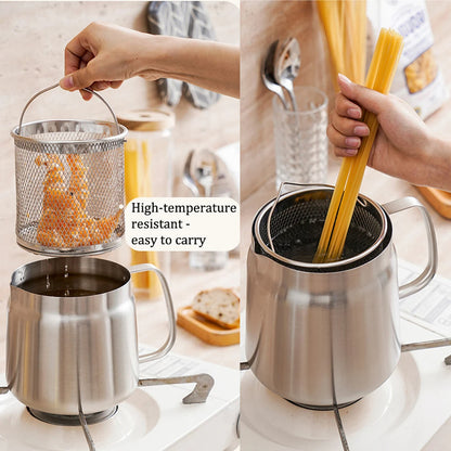 Metal kitchen strainer with handle being used to cook pasta.