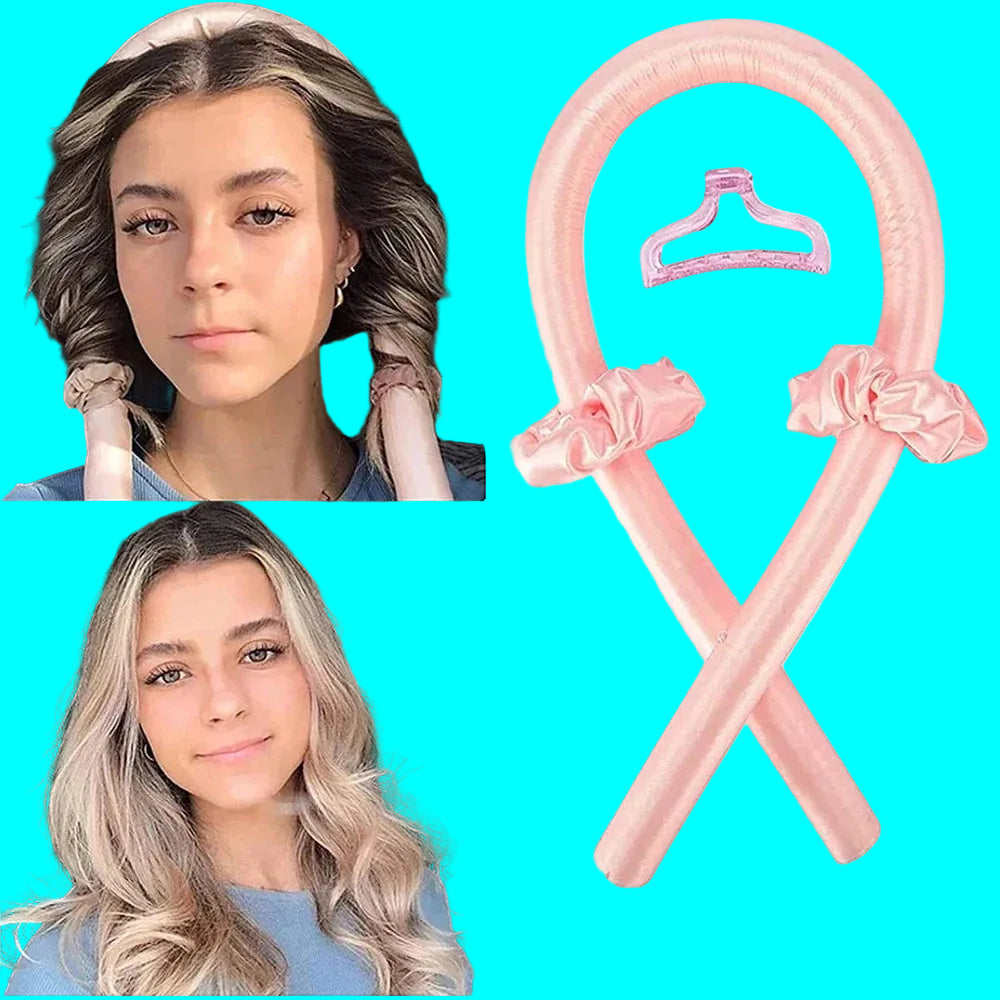 Before and after comparison of hair styling with pink hair ties and a pink hair accessory on a white background.