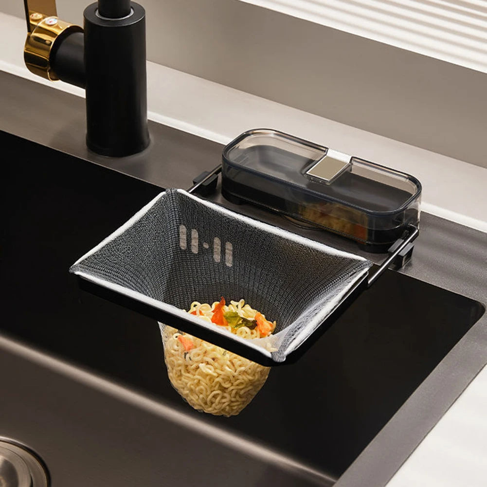 Noodle bowl with a strainer over a sink in a kitchen setting