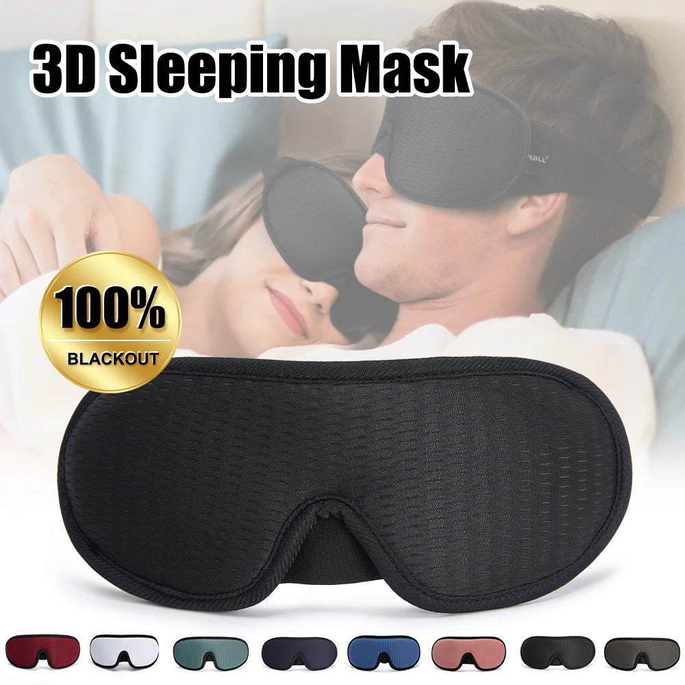 3D sleeping mask with a couple using it, featuring a 100% blackout guarantee.