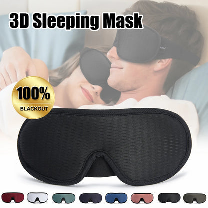 3D sleeping mask with a couple using it, featuring a 100% blackout guarantee.
