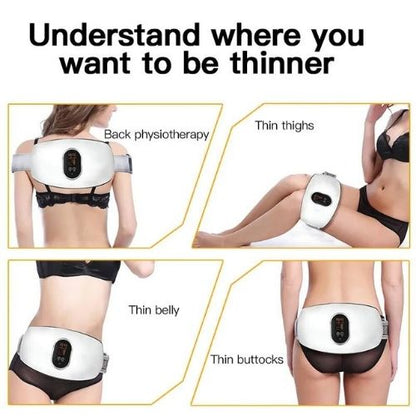 Body contouring device with labeled areas for back physiotherapy, thin thighs, thin belly, and thin buttocks.