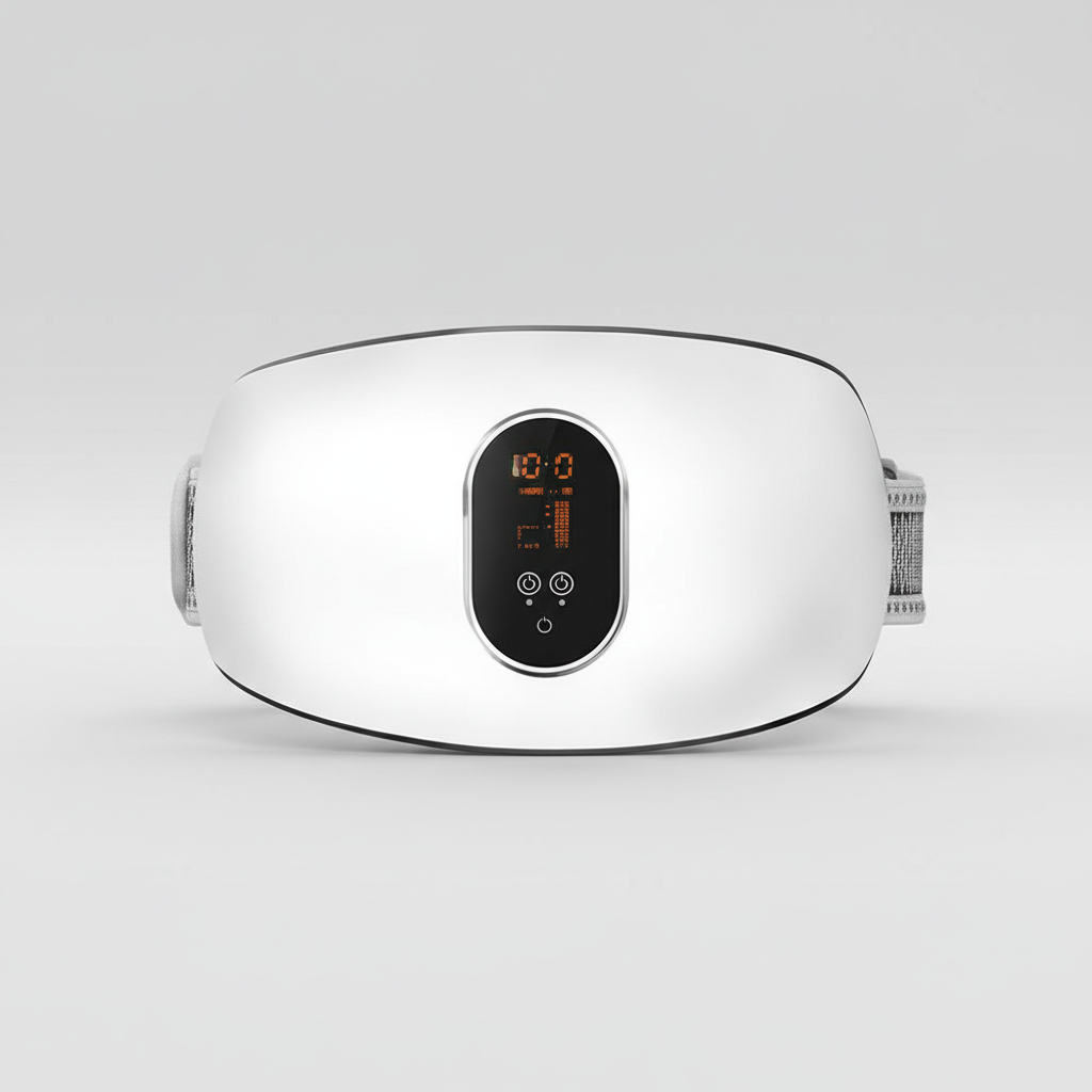 White electronic device with digital display on a light gray background