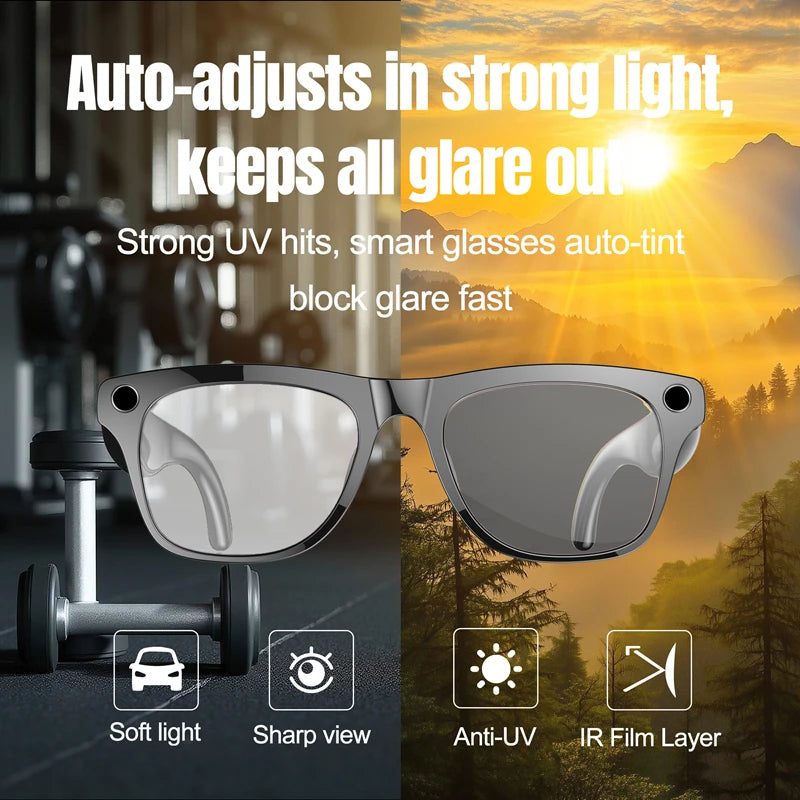 Smart glasses with anti-UV and IR film layer features, shown with a scenic background.
