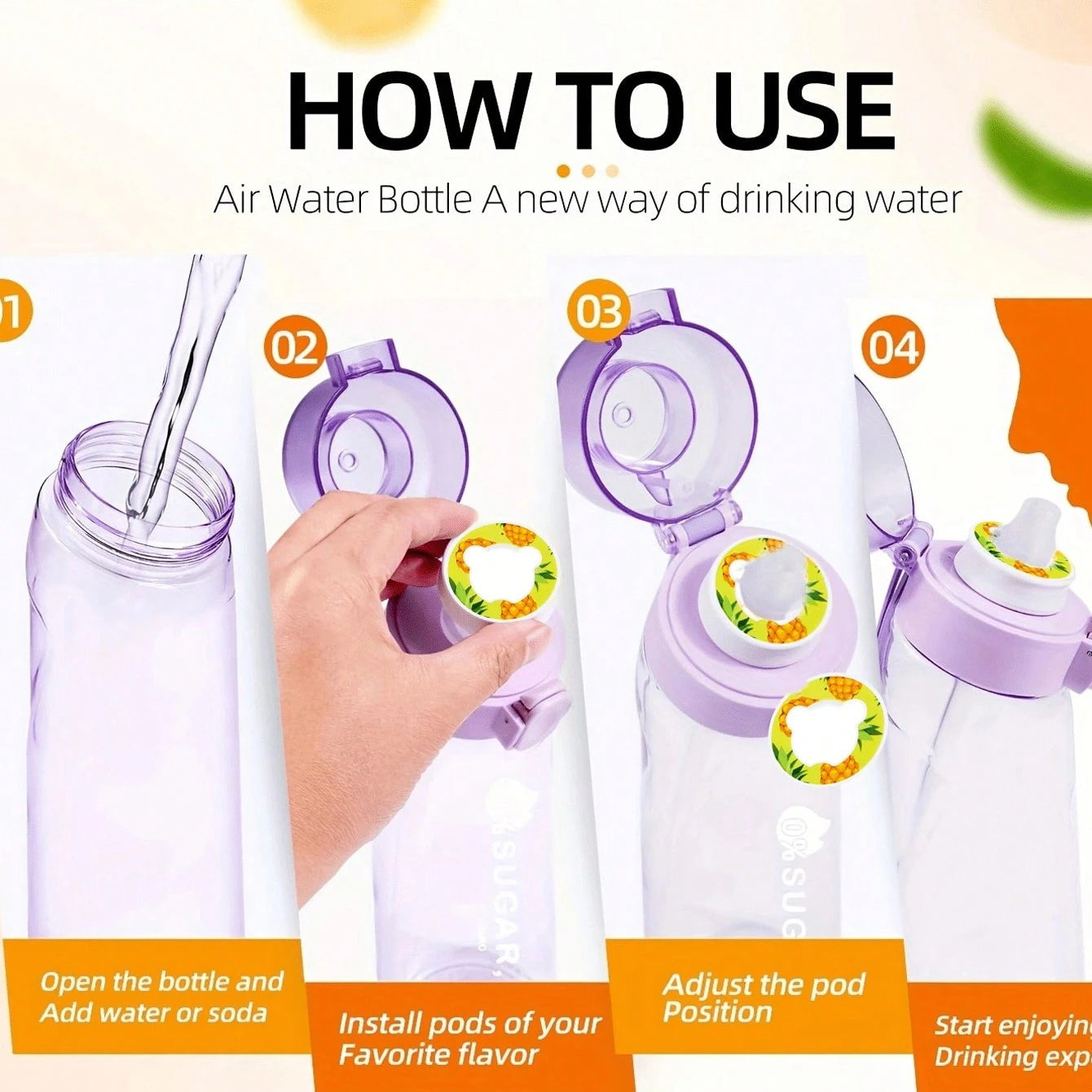 Instructions on how to use an air water bottle with a purple bottle and colorful pods.