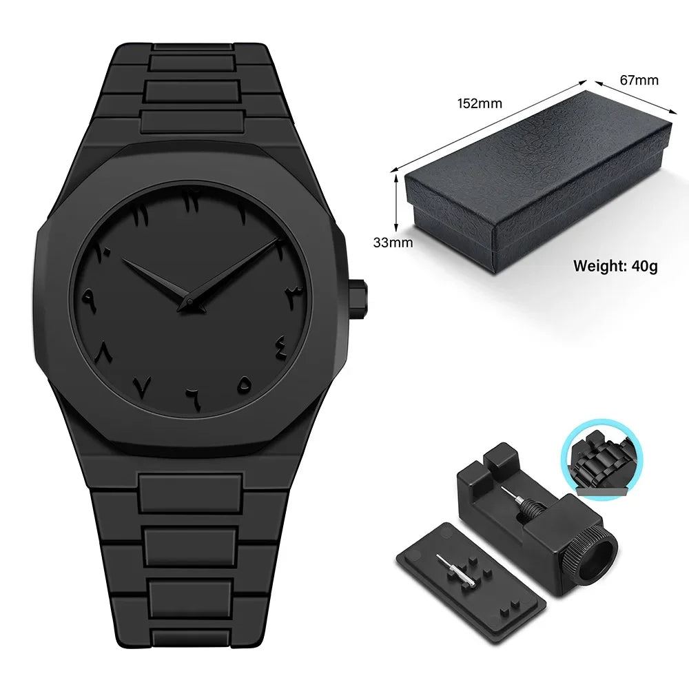 Black watch with packaging and accessories on a white background