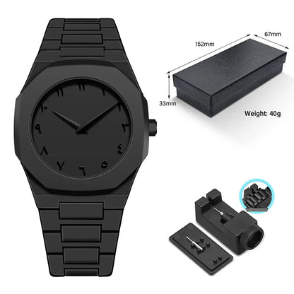 Black watch with packaging and accessories on a white background