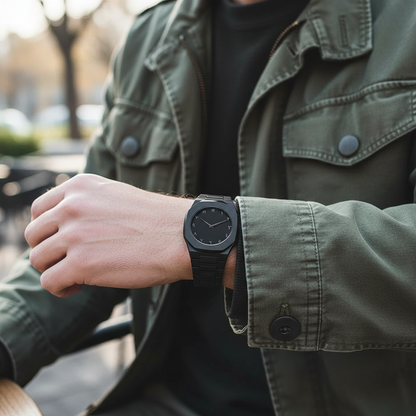 Person wearing a black watch on an outdoor setting