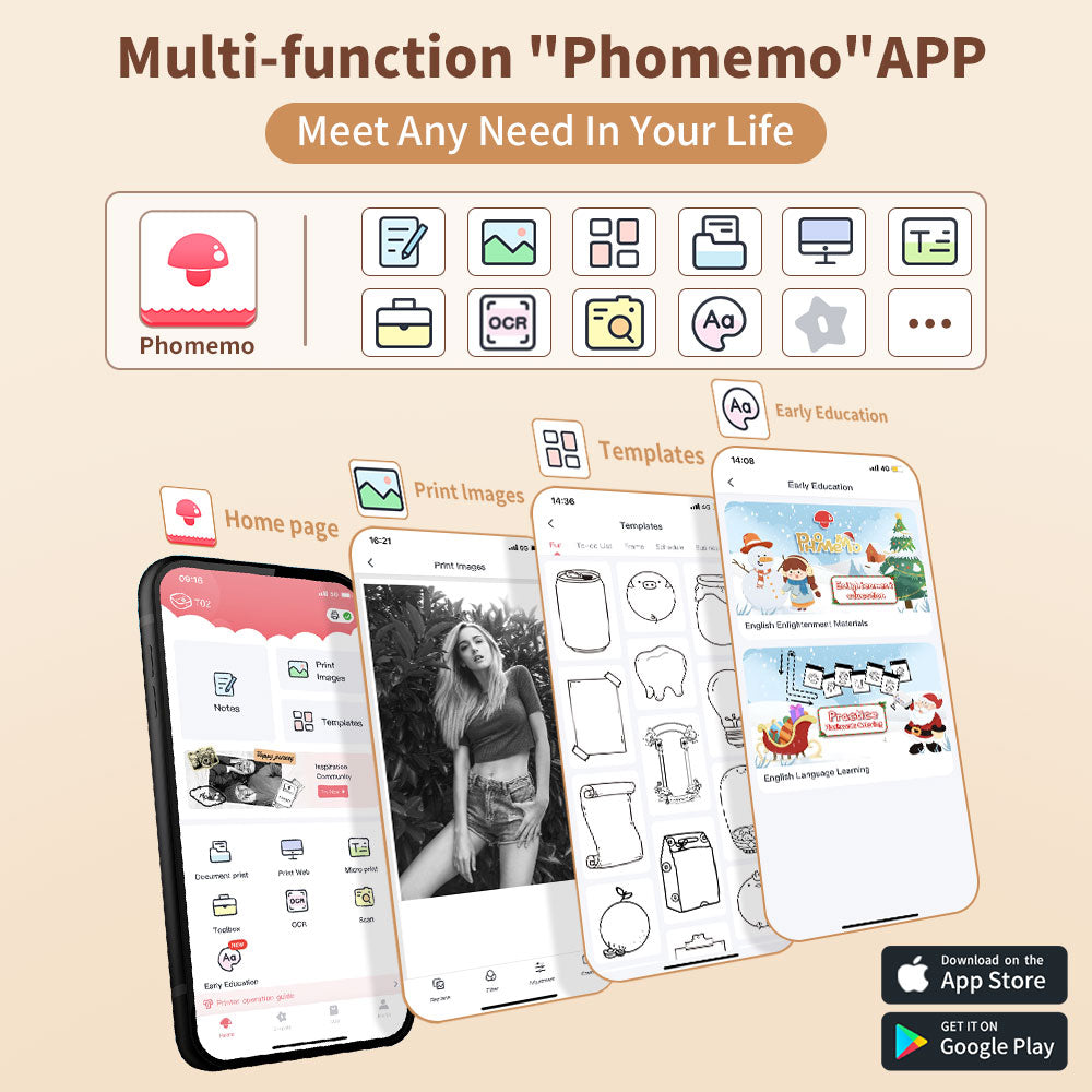 Promotional image of the Phomemo app with various features and smartphone screens displaying app functionalities.
