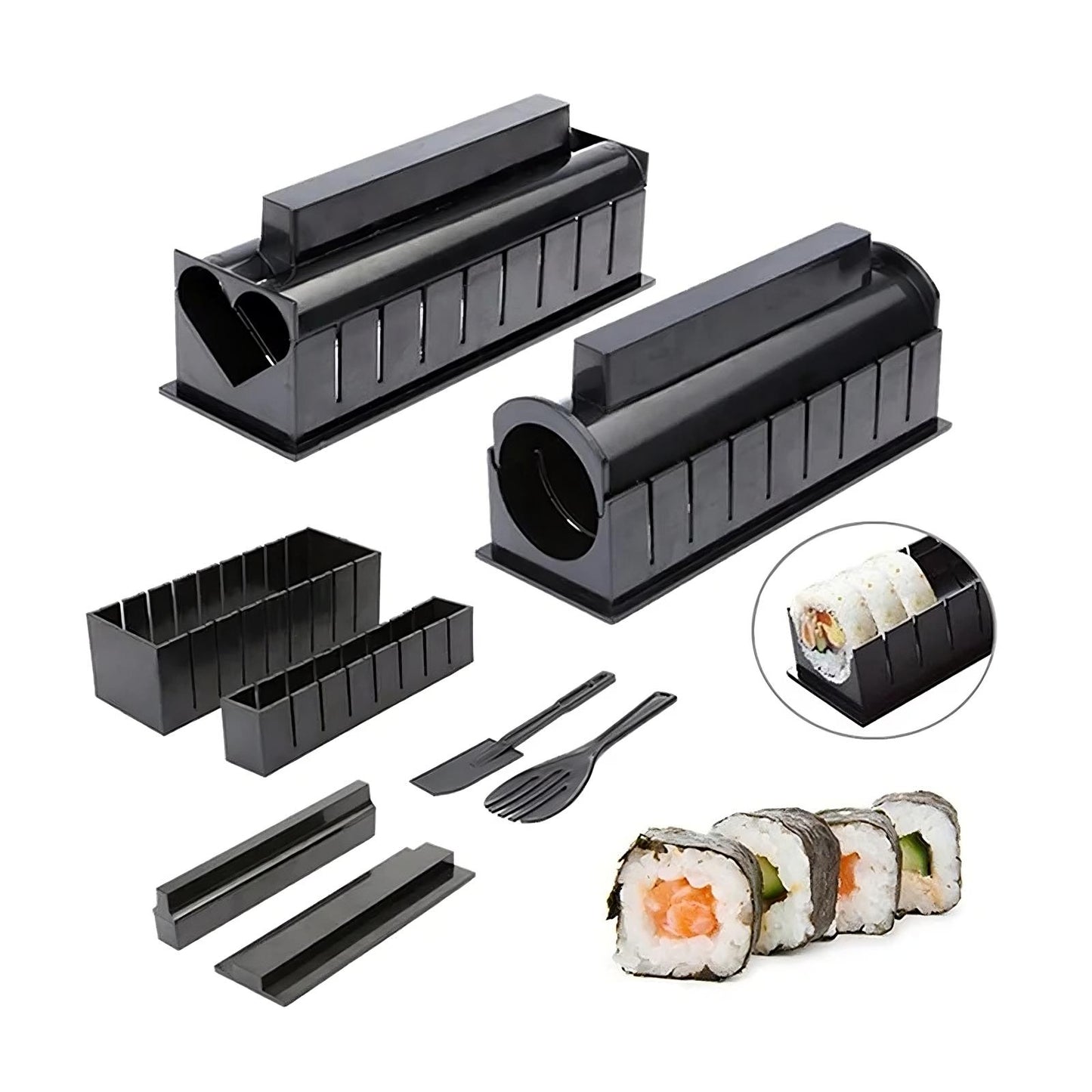 Sushi rolling kit with black plastic components and a small inset showing sushi rolls.