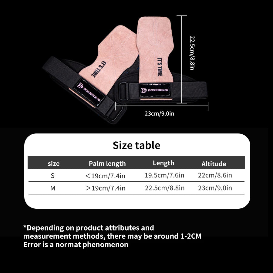 Pair of pink wrist wraps with black straps and measurement details on a black background
