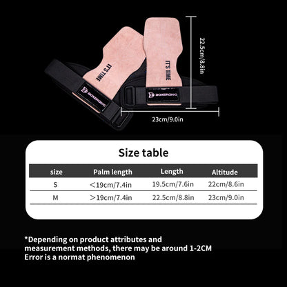 Pair of pink wrist wraps with black straps and measurement details on a black background