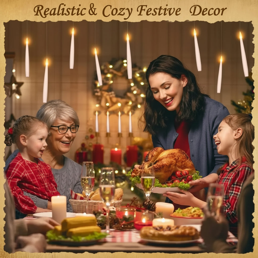 Family gathered around a festive dinner table with candles and Christmas decorations.