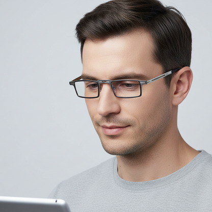 Man wearing glasses looking at a tablet with a plain background