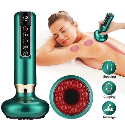 Green massage device with digital display and additional attachments, used on a person receiving a massage.