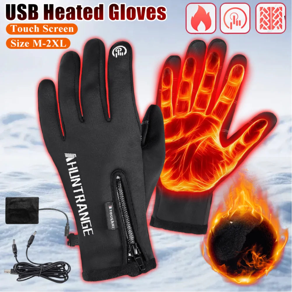 USB heated gloves with charging cable on a snowy background