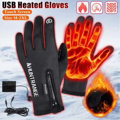 USB heated gloves with charging cable on a snowy background