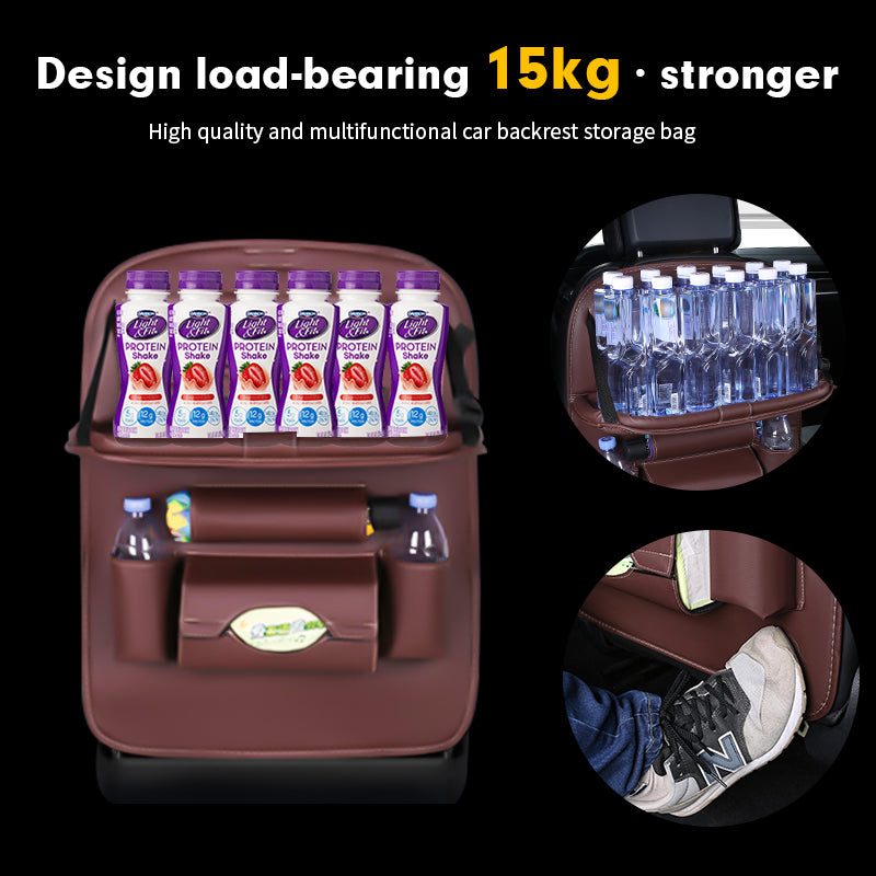 Multifunctional car backrest storage bag with various items on a black background