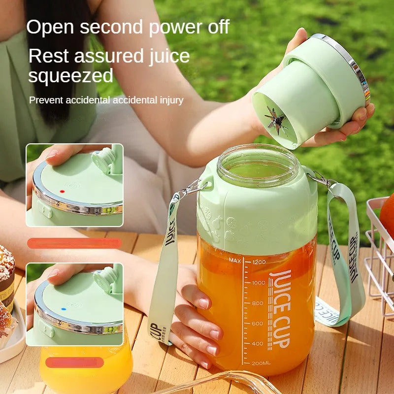 Juice cup with handle and safety features, being used outdoors.