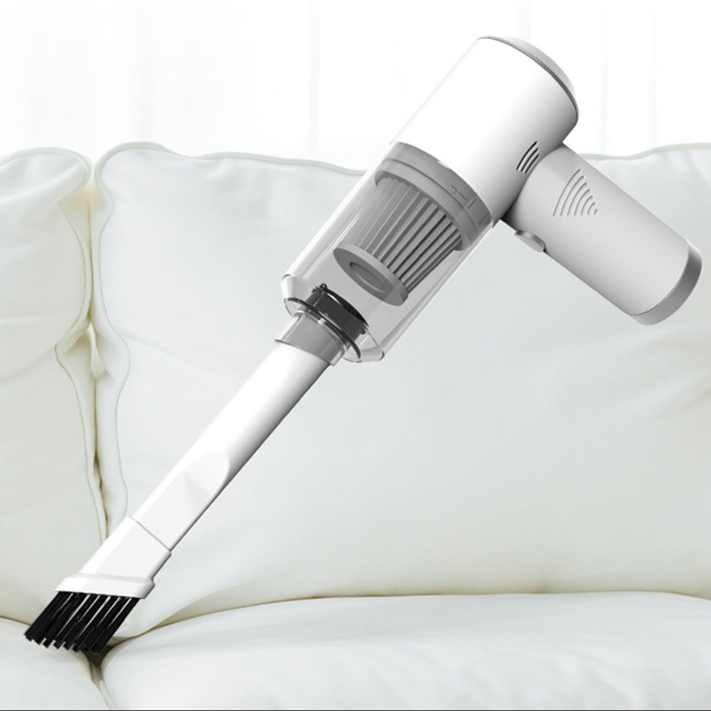 White handheld vacuum cleaner with brush attachment on a white background