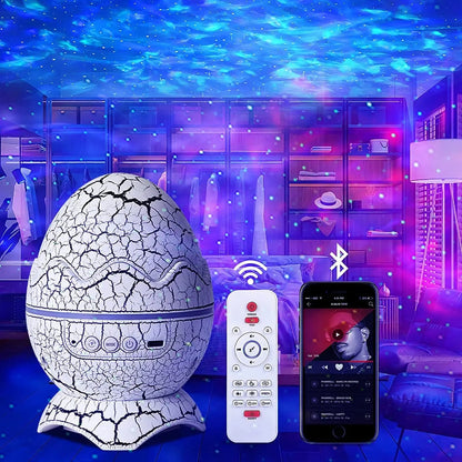 Egg-shaped lighting device with remote control and smartphone app in a room with colorful lighting.