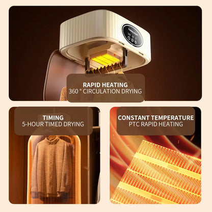 Clothing dryer with features highlighted on a beige background