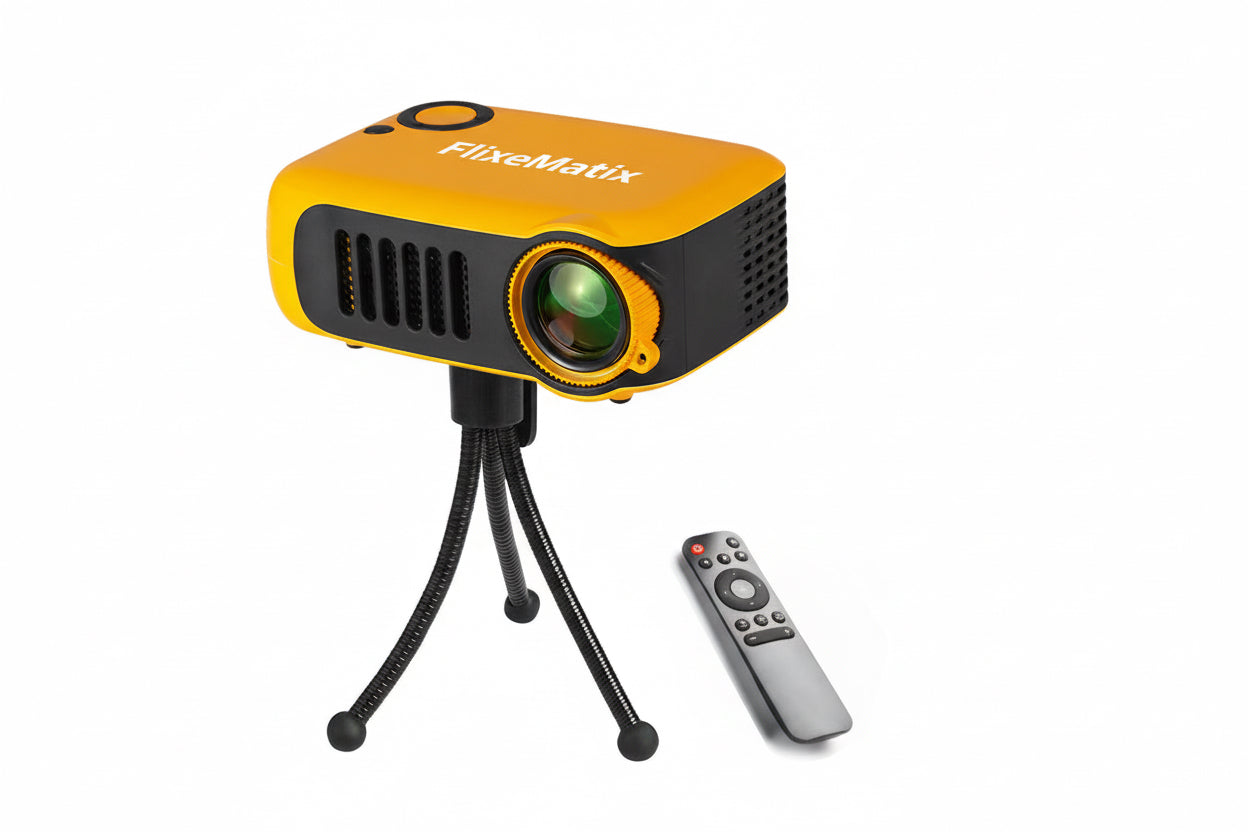 FlixeMatix in yellow and black projector with a tripod and remote control on a white background