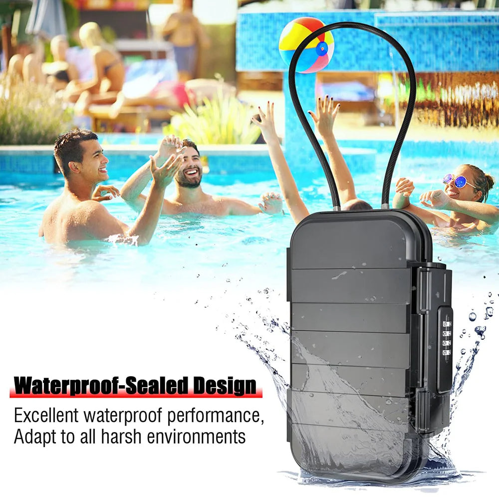 Waterproof-sealed device with people playing in a pool in the background