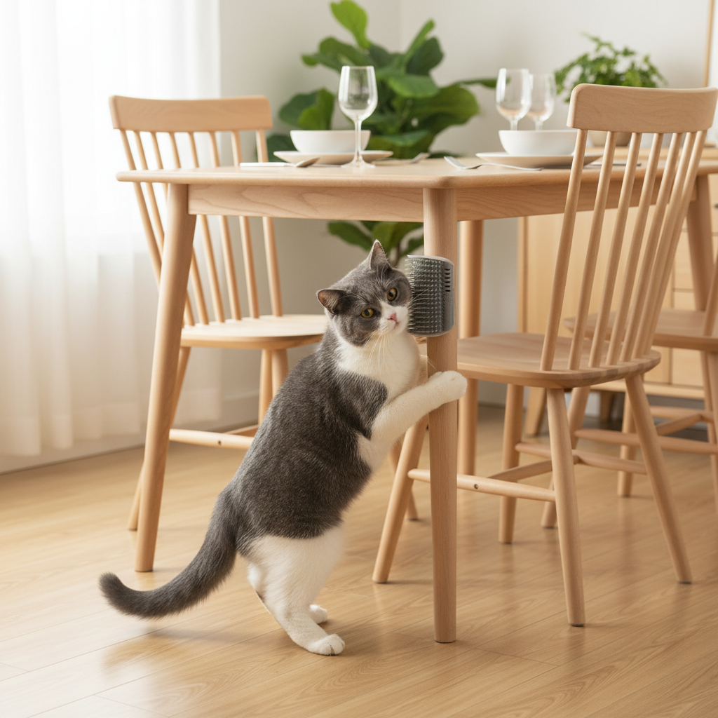 Cat standing on a wooden floor in front of a dining table with chairs.