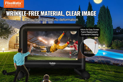 Inflatable outdoor movie screen with FlixeMatix branding, showing a sports event on a grassy area.