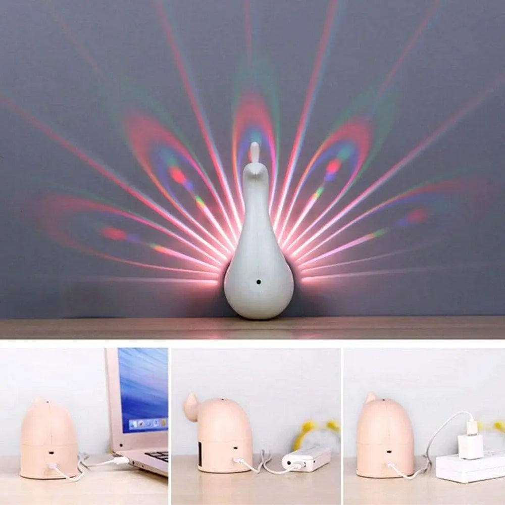 Pink peacock wall lamp charging options: showing white colorful peacock night light projection on a dark wall