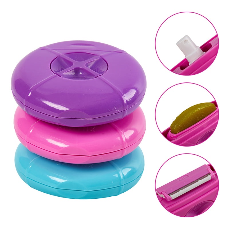 Stack of purple, pink, and blue plastic containers with cut-out details on a white background.