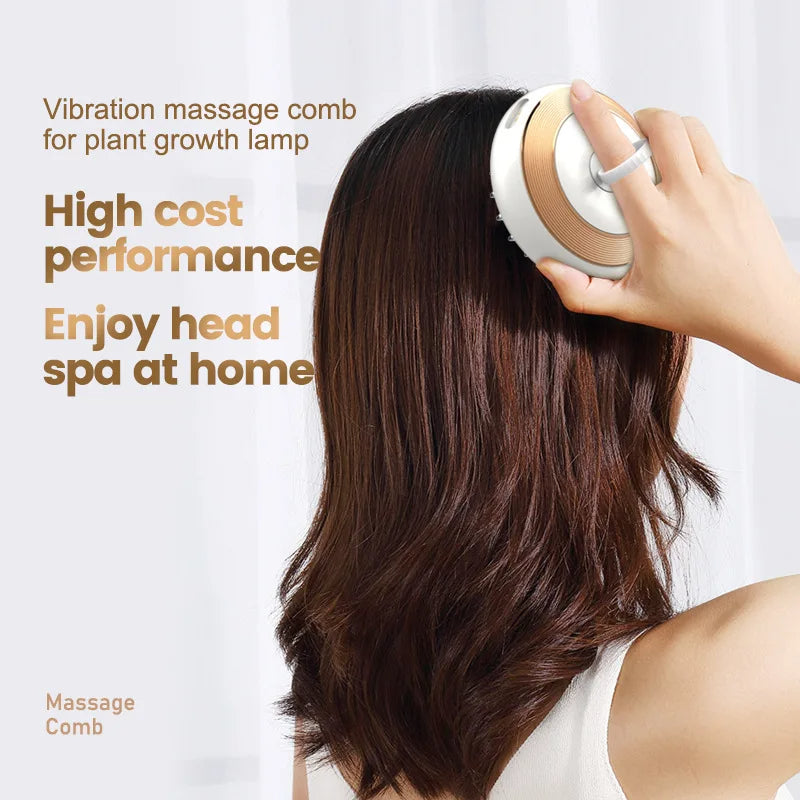 Person using a vibration massage comb on their hair with promotional text about high cost performance and home head spa.