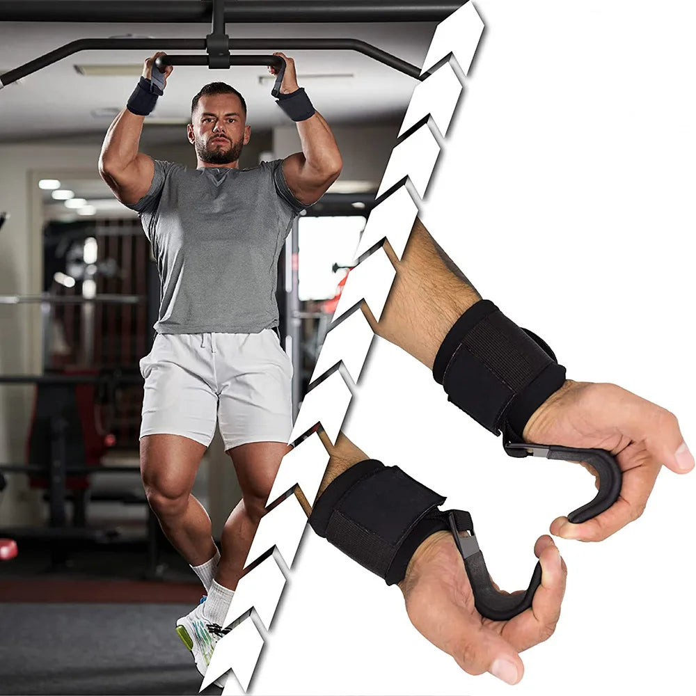 Man exercising in a gym with close-up of wrist straps on a white background
