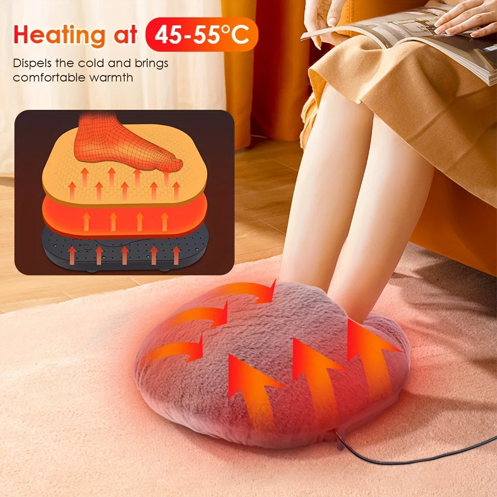 Heated foot pillow with heating diagram and person using it on a couch.