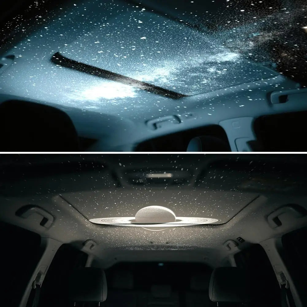 Car interior with starry sky effect on the ceiling and Saturn model on a dark background